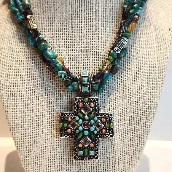 Vintage Sterling Silver and Turquoise Cross Necklace